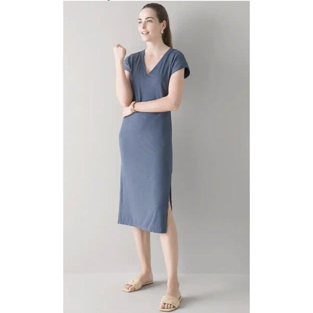 White House Black Market Womens L Blue Easy V Neck T Shirt Midi Dress Minimalist